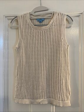 CeCe Open-Knit Crewneck Sweater Tank Top in Cream cotton small natural fibers